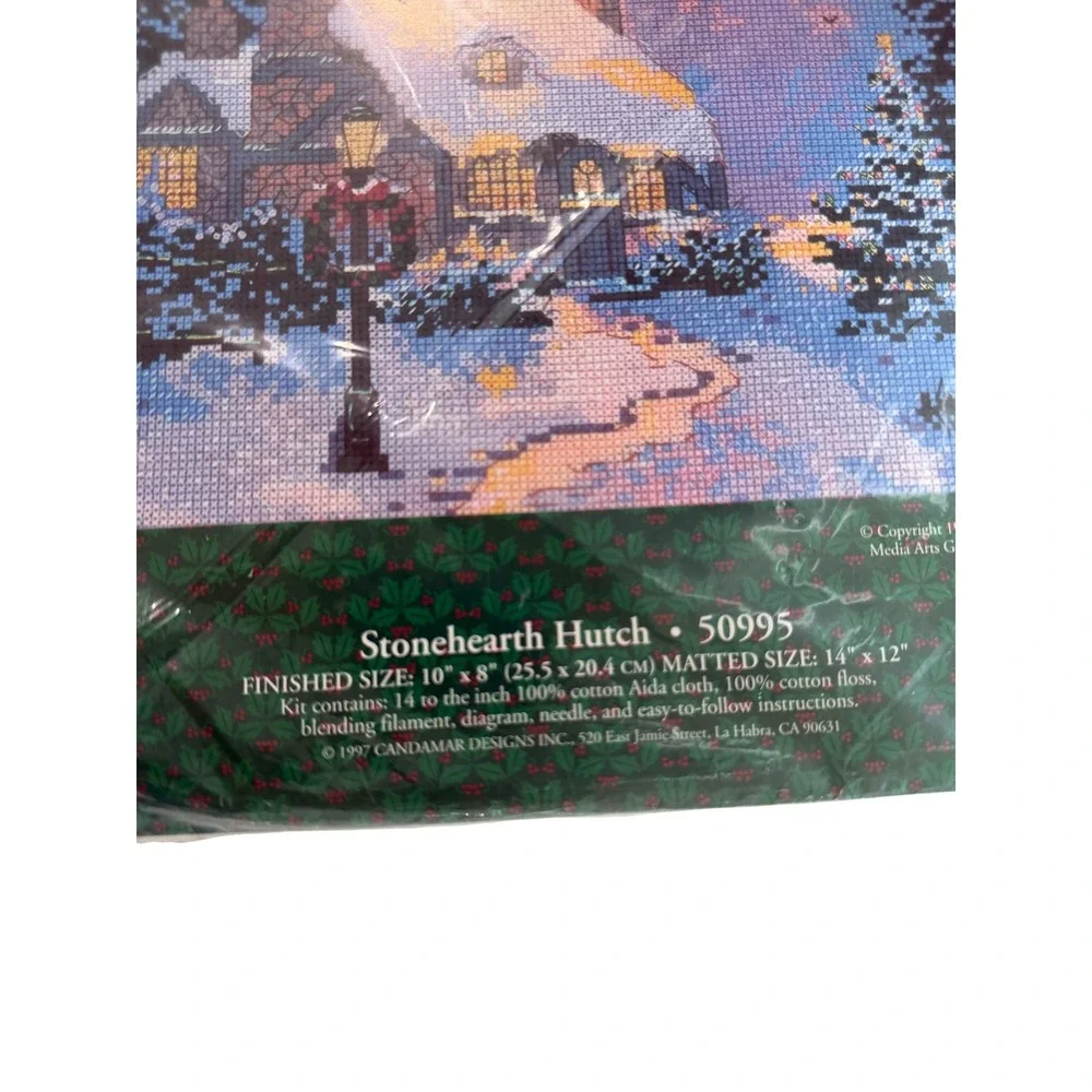 New VTG Thomas Kinkade Cross Stitch Kit 10x8 Stonehearth Hutch Snowy Scene